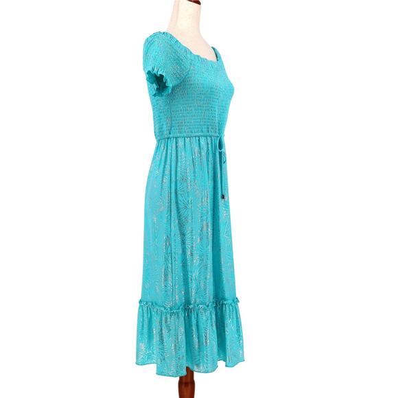 Michael Kors Women Turquoise Foil Off The Shoulder Smocked Midi Dress Size XS - Picture 2 of 4